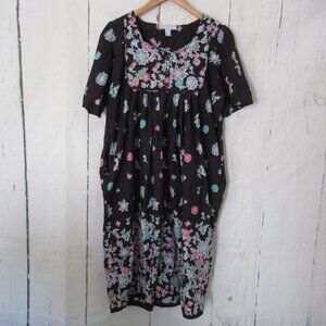 Only Necessities House Dress L 18 20 Black Floral Short Sleeve Mumu Pockets